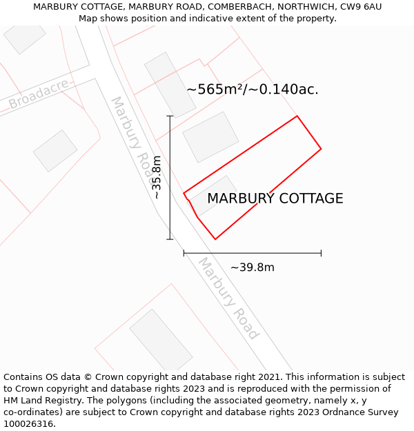 MARBURY COTTAGE, MARBURY ROAD, COMBERBACH, NORTHWICH, CW9 6AU: Plot and title map