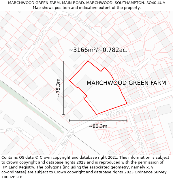 MARCHWOOD GREEN FARM, MAIN ROAD, MARCHWOOD, SOUTHAMPTON, SO40 4UA: Plot and title map