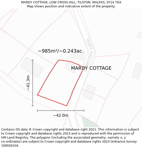 MARDY COTTAGE, LOW CROSS HILL, TILSTON, MALPAS, SY14 7DX: Plot and title map