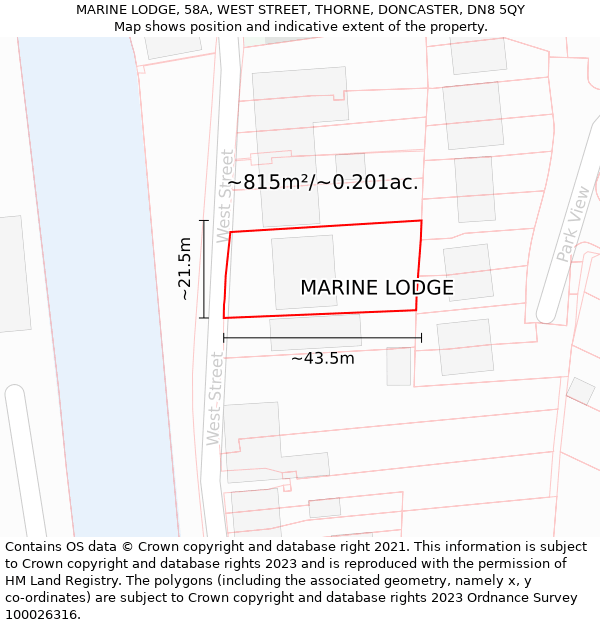 MARINE LODGE, 58A, WEST STREET, THORNE, DONCASTER, DN8 5QY: Plot and title map