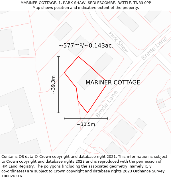 MARINER COTTAGE, 1, PARK SHAW, SEDLESCOMBE, BATTLE, TN33 0PP: Plot and title map