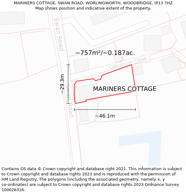 MARINERS COTTAGE, SWAN ROAD, WORLINGWORTH, WOODBRIDGE, IP13 7HZ: Plot and title map