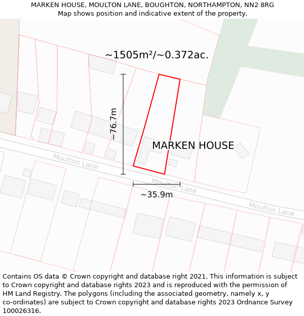 MARKEN HOUSE, MOULTON LANE, BOUGHTON, NORTHAMPTON, NN2 8RG: Plot and title map