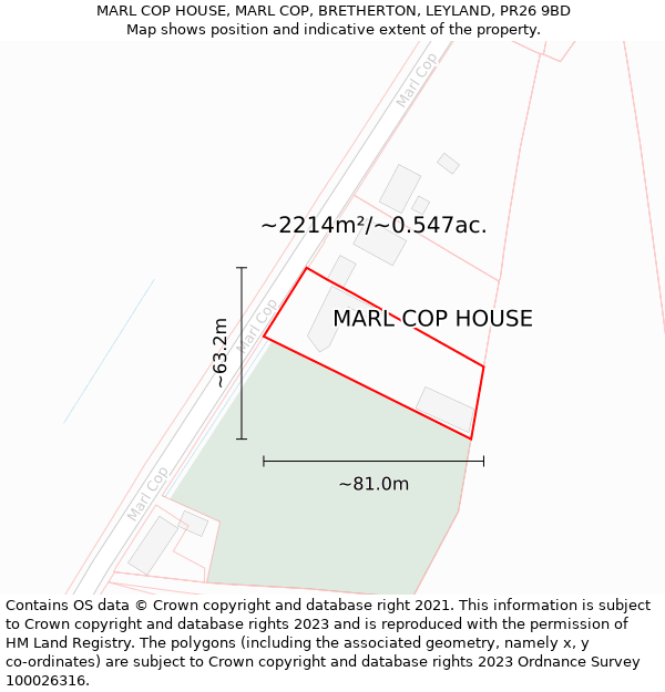 MARL COP HOUSE, MARL COP, BRETHERTON, LEYLAND, PR26 9BD: Plot and title map