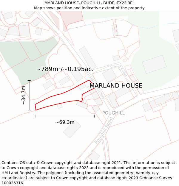 MARLAND HOUSE, POUGHILL, BUDE, EX23 9EL: Plot and title map