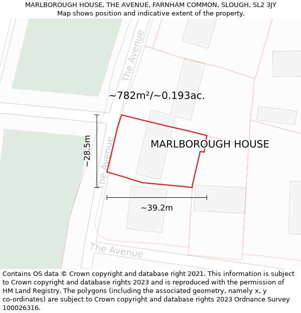 MARLBOROUGH HOUSE, THE AVENUE, FARNHAM COMMON, SLOUGH, SL2 3JY: Plot and title map