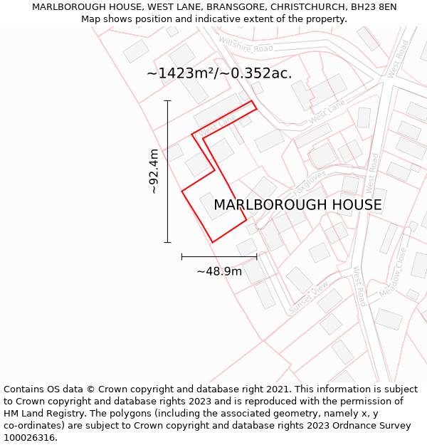 MARLBOROUGH HOUSE, WEST LANE, BRANSGORE, CHRISTCHURCH, BH23 8EN: Plot and title map