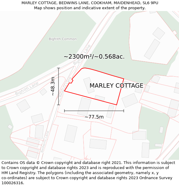 MARLEY COTTAGE, BEDWINS LANE, COOKHAM, MAIDENHEAD, SL6 9PU: Plot and title map