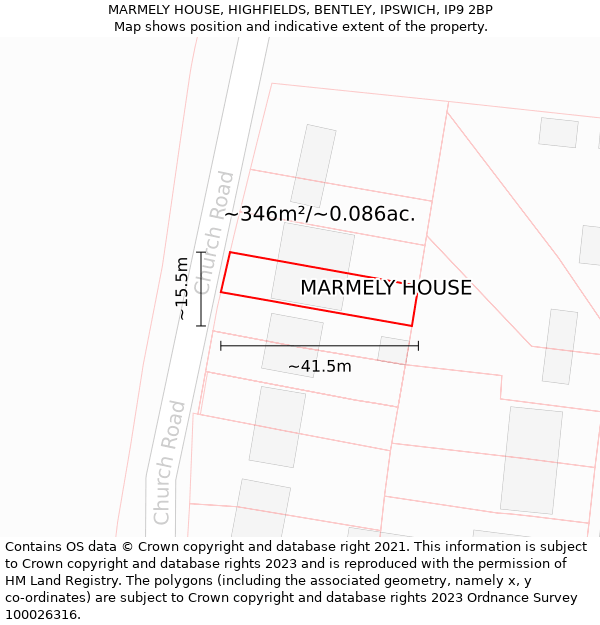 MARMELY HOUSE, HIGHFIELDS, BENTLEY, IPSWICH, IP9 2BP: Plot and title map