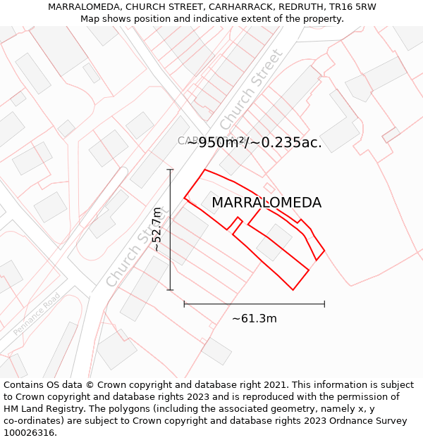 MARRALOMEDA, CHURCH STREET, CARHARRACK, REDRUTH, TR16 5RW: Plot and title map