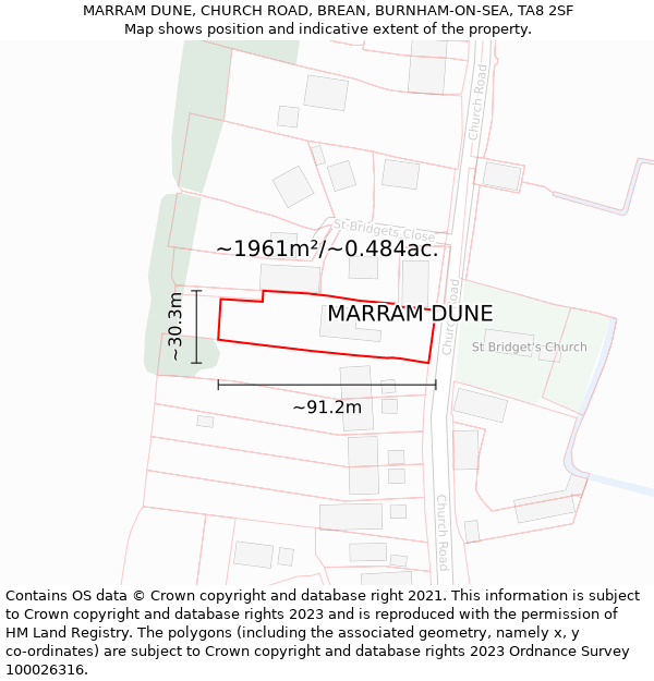 MARRAM DUNE, CHURCH ROAD, BREAN, BURNHAM-ON-SEA, TA8 2SF: Plot and title map