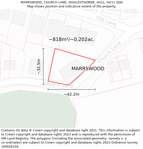 MARRSWOOD, CHURCH LANE, SIGGLESTHORNE, HULL, HU11 5QG: Plot and title map