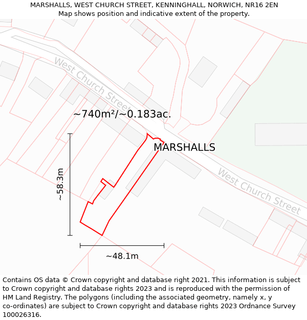 MARSHALLS, WEST CHURCH STREET, KENNINGHALL, NORWICH, NR16 2EN: Plot and title map
