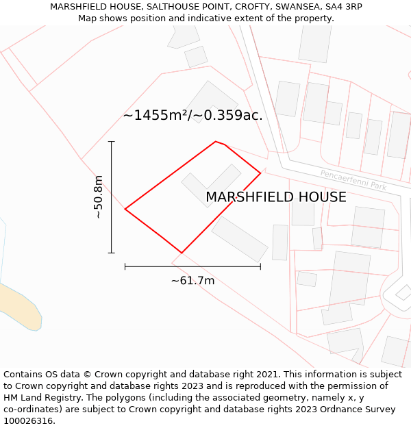 MARSHFIELD HOUSE, SALTHOUSE POINT, CROFTY, SWANSEA, SA4 3RP: Plot and title map