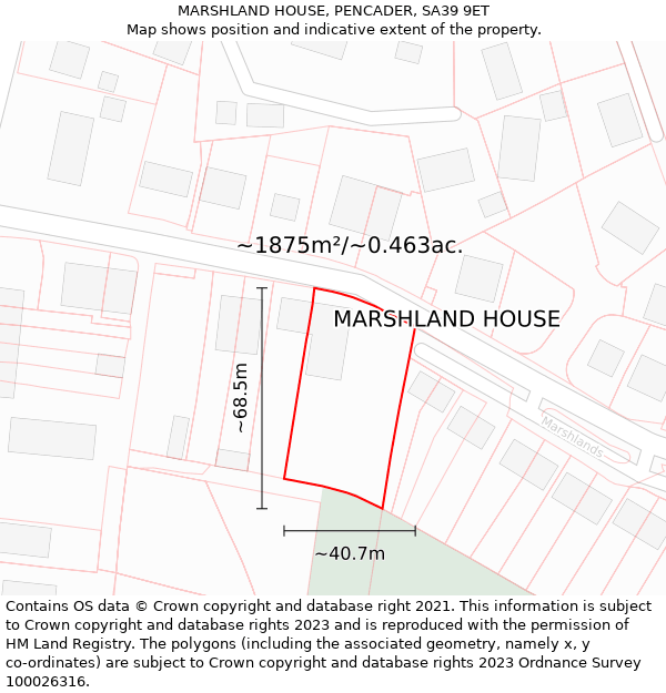 MARSHLAND HOUSE, PENCADER, SA39 9ET: Plot and title map