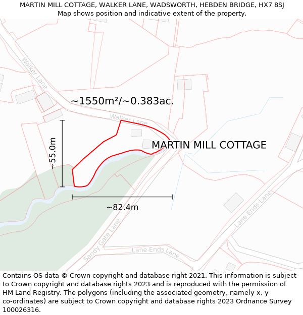 MARTIN MILL COTTAGE, WALKER LANE, WADSWORTH, HEBDEN BRIDGE, HX7 8SJ: Plot and title map