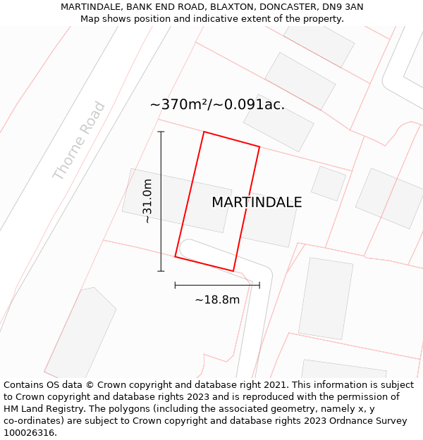 MARTINDALE, BANK END ROAD, BLAXTON, DONCASTER, DN9 3AN: Plot and title map