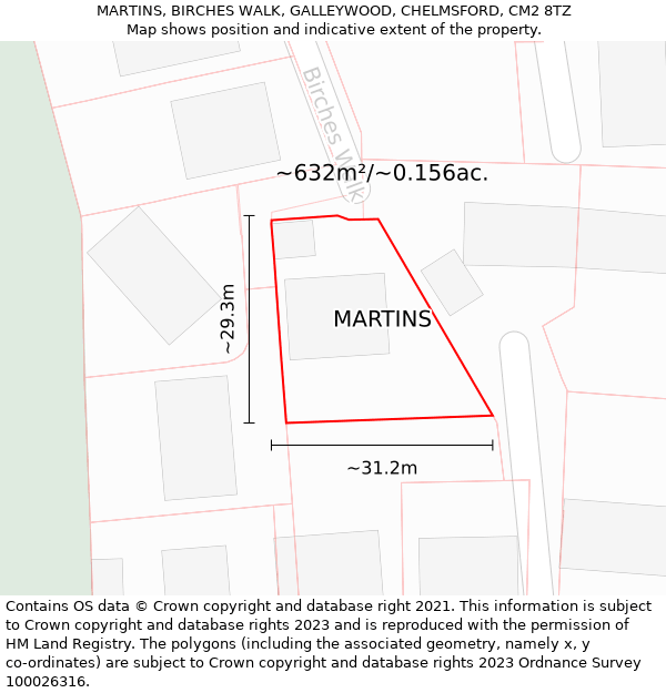 MARTINS, BIRCHES WALK, GALLEYWOOD, CHELMSFORD, CM2 8TZ: Plot and title map