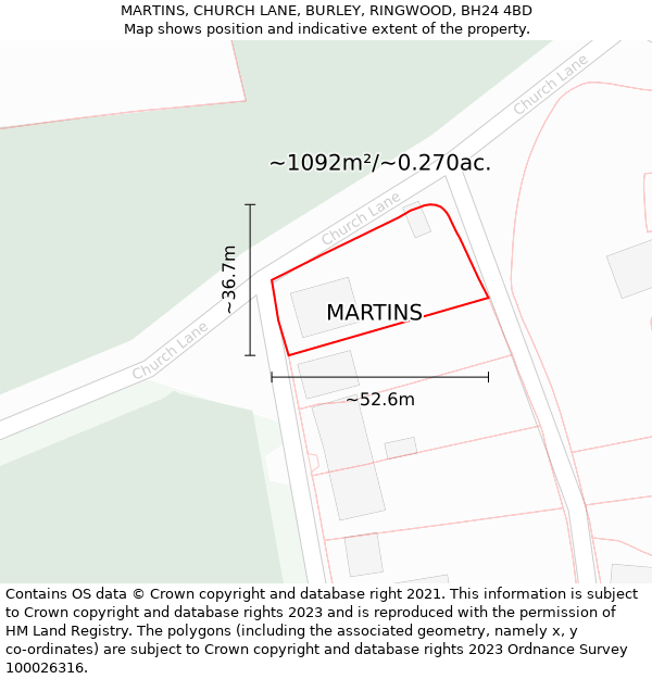 MARTINS, CHURCH LANE, BURLEY, RINGWOOD, BH24 4BD: Plot and title map