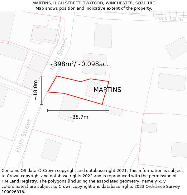 MARTINS, HIGH STREET, TWYFORD, WINCHESTER, SO21 1RG: Plot and title map