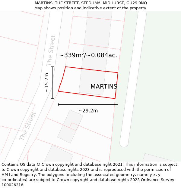 MARTINS, THE STREET, STEDHAM, MIDHURST, GU29 0NQ: Plot and title map