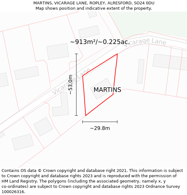 MARTINS, VICARAGE LANE, ROPLEY, ALRESFORD, SO24 0DU: Plot and title map