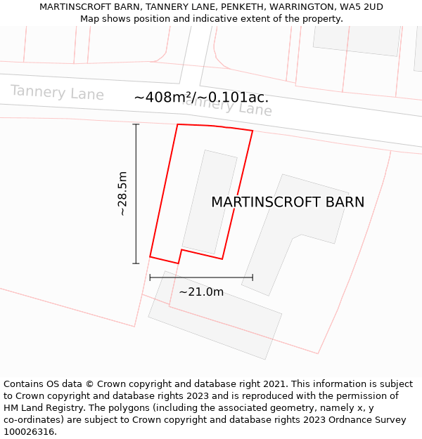 MARTINSCROFT BARN, TANNERY LANE, PENKETH, WARRINGTON, WA5 2UD: Plot and title map