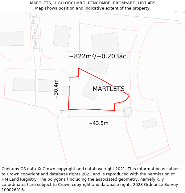MARTLETS, HIGH ORCHARD, PENCOMBE, BROMYARD, HR7 4RS: Plot and title map