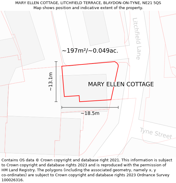 MARY ELLEN COTTAGE, LITCHFIELD TERRACE, BLAYDON-ON-TYNE, NE21 5QS: Plot and title map