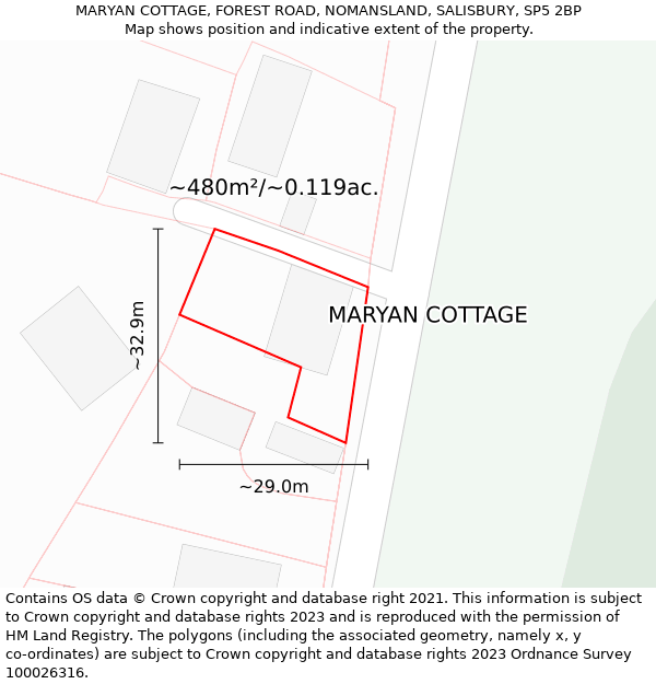 MARYAN COTTAGE, FOREST ROAD, NOMANSLAND, SALISBURY, SP5 2BP: Plot and title map