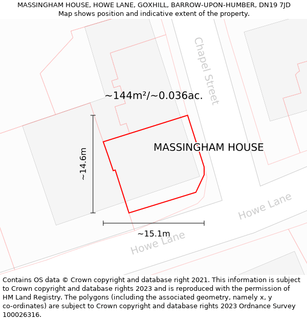 MASSINGHAM HOUSE, HOWE LANE, GOXHILL, BARROW-UPON-HUMBER, DN19 7JD: Plot and title map