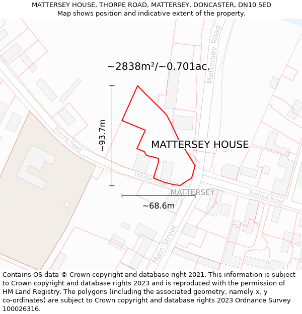 MATTERSEY HOUSE, THORPE ROAD, MATTERSEY, DONCASTER, DN10 5ED: Plot and title map