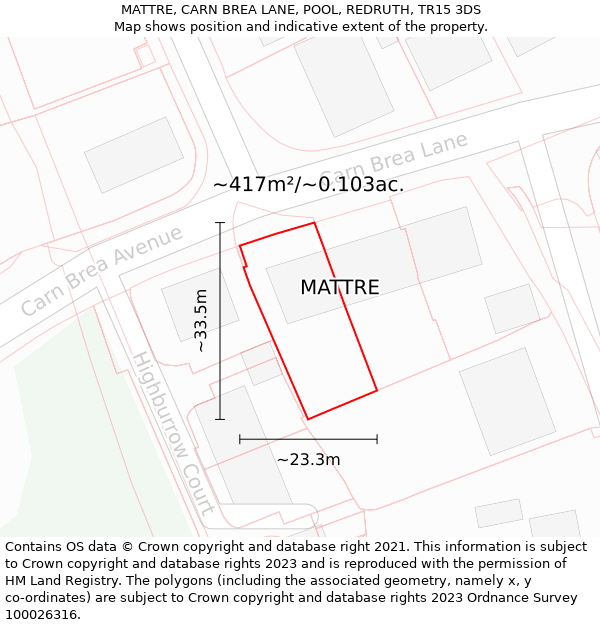 MATTRE, CARN BREA LANE, POOL, REDRUTH, TR15 3DS: Plot and title map