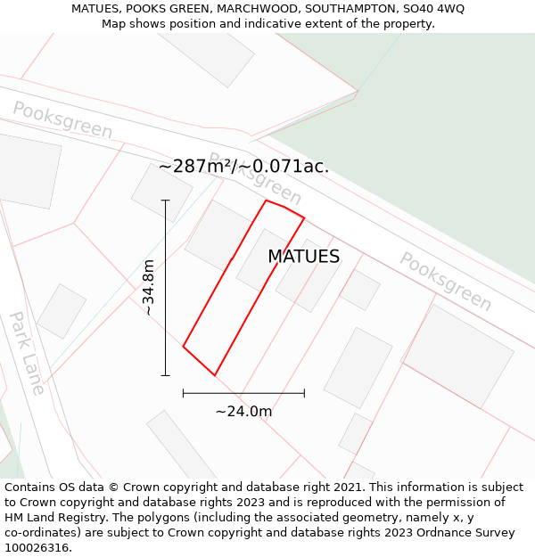 MATUES, POOKS GREEN, MARCHWOOD, SOUTHAMPTON, SO40 4WQ: Plot and title map