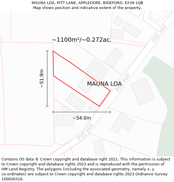 MAUNA LOA, PITT LANE, APPLEDORE, BIDEFORD, EX39 1QB: Plot and title map