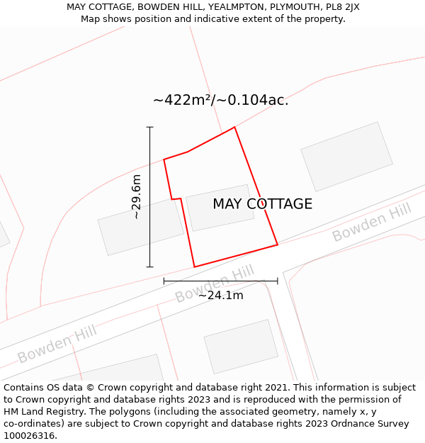 MAY COTTAGE, BOWDEN HILL, YEALMPTON, PLYMOUTH, PL8 2JX: Plot and title map