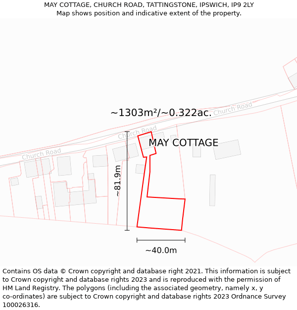 MAY COTTAGE, CHURCH ROAD, TATTINGSTONE, IPSWICH, IP9 2LY: Plot and title map