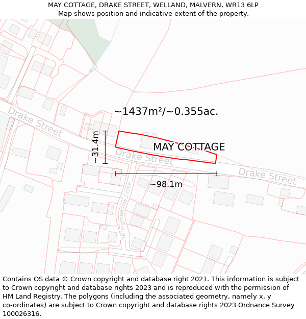 MAY COTTAGE, DRAKE STREET, WELLAND, MALVERN, WR13 6LP: Plot and title map