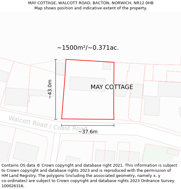 MAY COTTAGE, WALCOTT ROAD, BACTON, NORWICH, NR12 0HB: Plot and title map