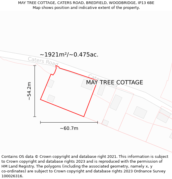 MAY TREE COTTAGE, CATERS ROAD, BREDFIELD, WOODBRIDGE, IP13 6BE: Plot and title map