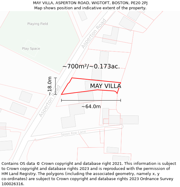 MAY VILLA, ASPERTON ROAD, WIGTOFT, BOSTON, PE20 2PJ: Plot and title map