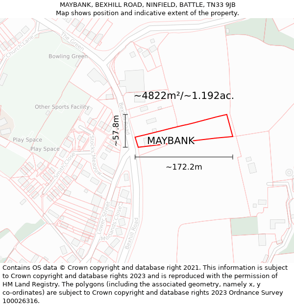 MAYBANK, BEXHILL ROAD, NINFIELD, BATTLE, TN33 9JB: Plot and title map