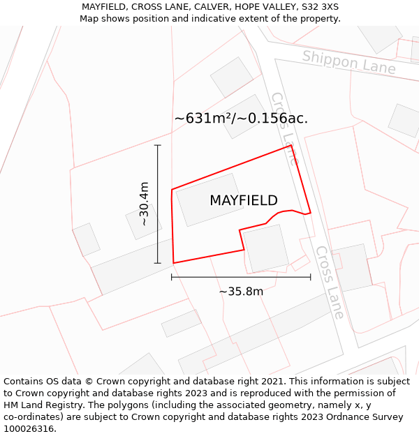 MAYFIELD, CROSS LANE, CALVER, HOPE VALLEY, S32 3XS: Plot and title map