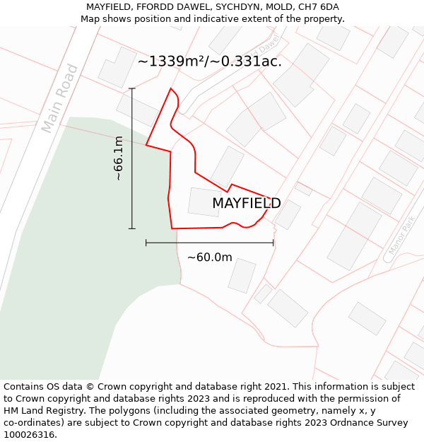 MAYFIELD, FFORDD DAWEL, SYCHDYN, MOLD, CH7 6DA: Plot and title map