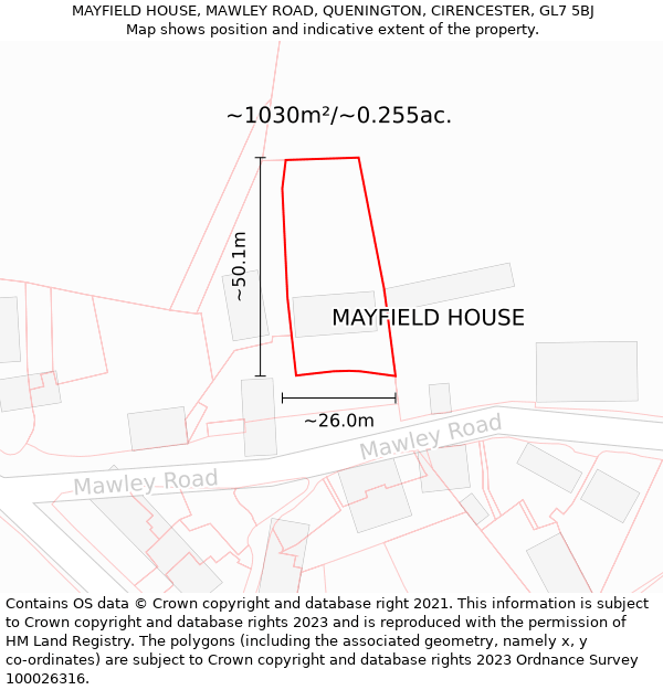 MAYFIELD HOUSE, MAWLEY ROAD, QUENINGTON, CIRENCESTER, GL7 5BJ: Plot and title map