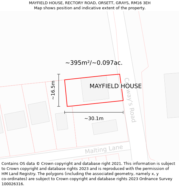 MAYFIELD HOUSE, RECTORY ROAD, ORSETT, GRAYS, RM16 3EH: Plot and title map