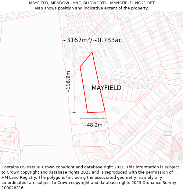 MAYFIELD, MEADOW LANE, BLIDWORTH, MANSFIELD, NG21 0PT: Plot and title map