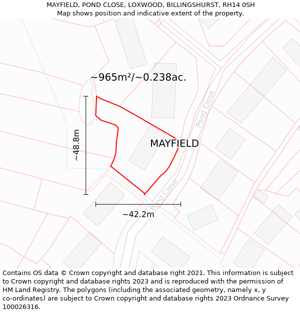 MAYFIELD, POND CLOSE, LOXWOOD, BILLINGSHURST, RH14 0SH: Plot and title map