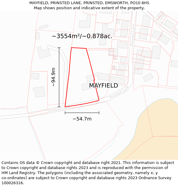 MAYFIELD, PRINSTED LANE, PRINSTED, EMSWORTH, PO10 8HS: Plot and title map