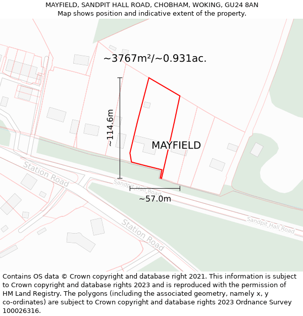 MAYFIELD, SANDPIT HALL ROAD, CHOBHAM, WOKING, GU24 8AN: Plot and title map